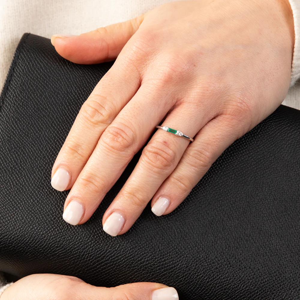 Sterling Silver Rhodium Plated Emerald Stone White Cubic Zirconia Ring - Image 4