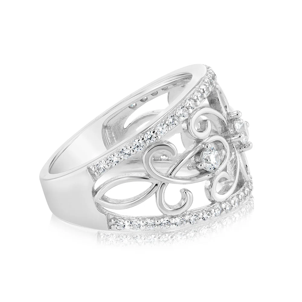Sterling Silver Rhodium Plated Fancy Cut Out Zirconia Ring - Image 2