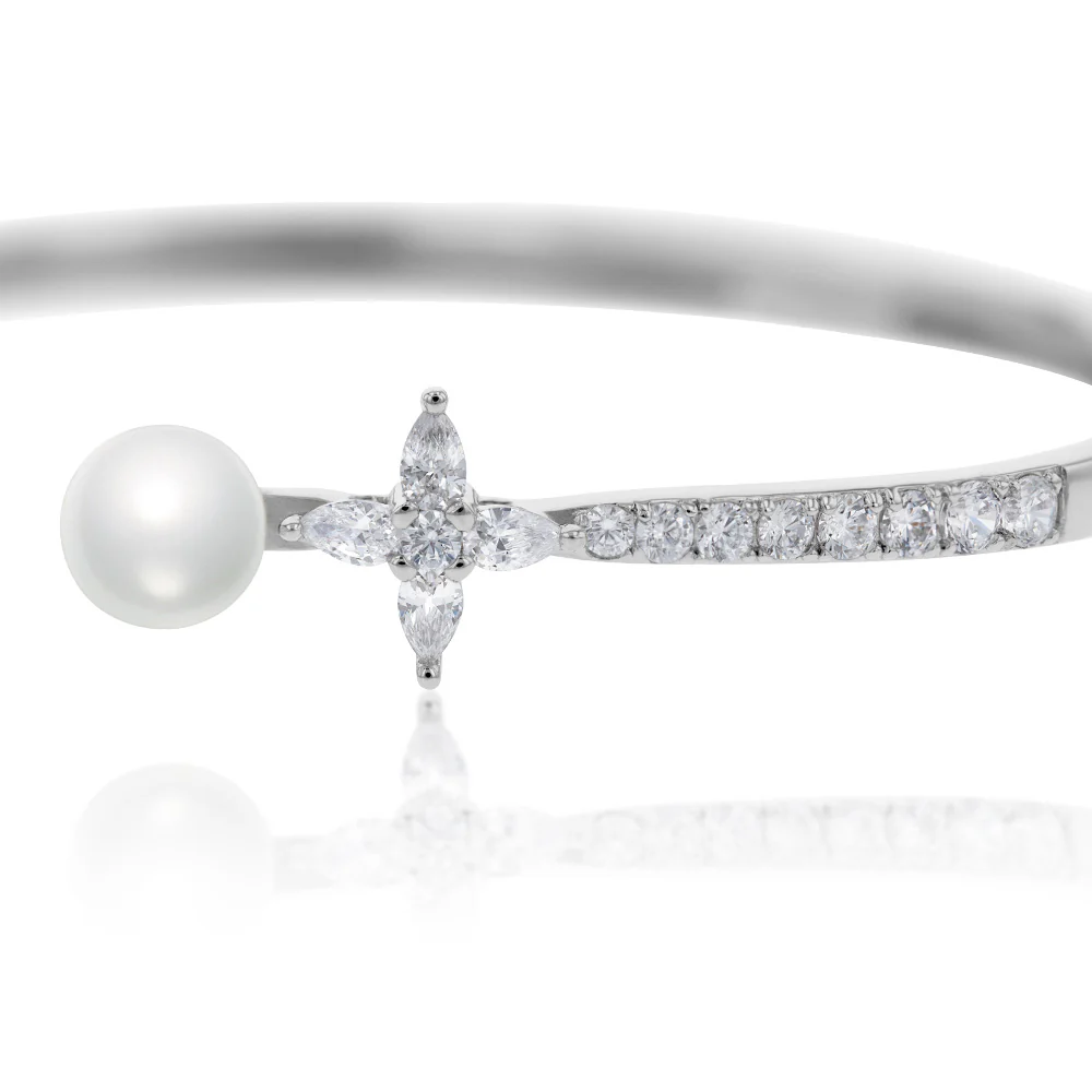 Sterling Silver Rhodium Plated Fresh Water Pearl And Cubic Zirconia Open Bangle - Image 2