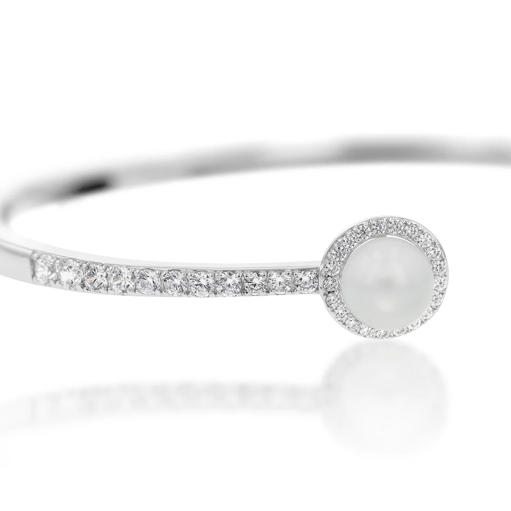 Sterling Silver Rhodium Plated Fresh Water Pearl And Cubic Zirconia Open Bangle - Image 3
