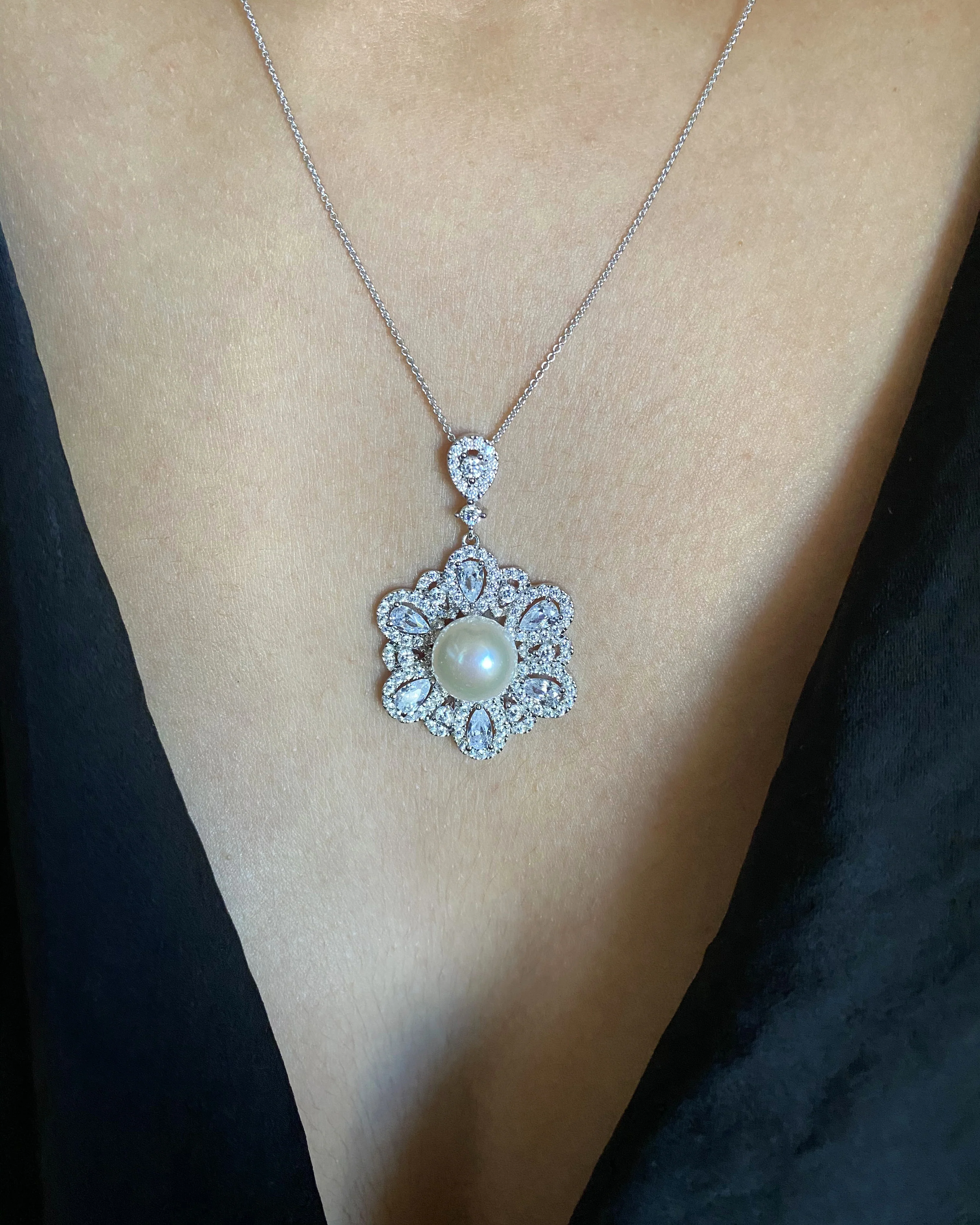 Sterling Silver Rhodium Plated Freshwater Pearl and Zirconia Pendant - Image 2