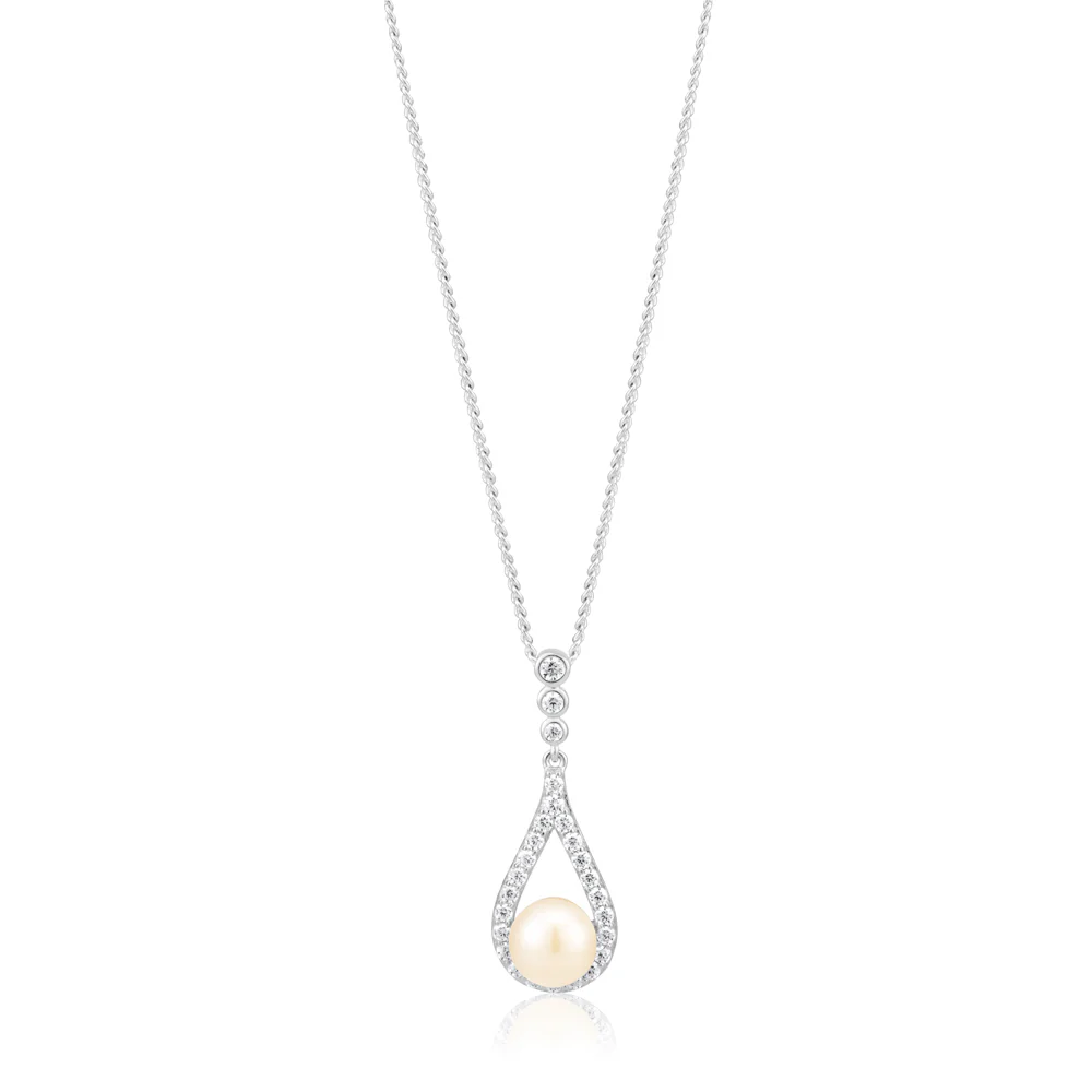 Sterling Silver Rhodium Plated Freshwater Pearl and Zirconia Teardrop Pendant
