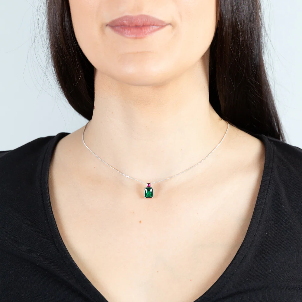 Sterling Silver Rhodium Plated Green And Pink Square Cubic Zirconia Pendant - Image 2