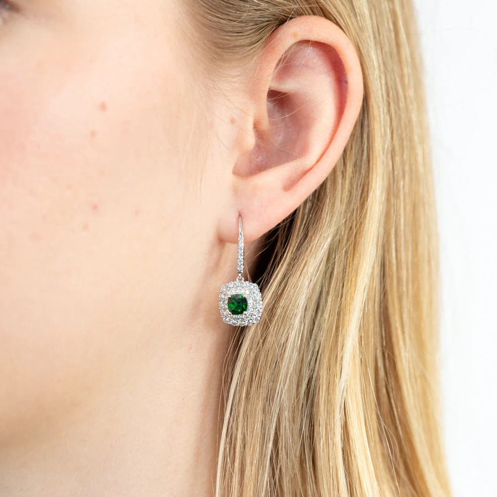 Sterling Silver Rhodium Plated Green And White Cubic Zirconia Cushion Drop Earrings - Image 2