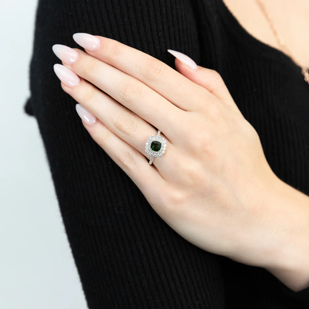 Sterling Silver Rhodium Plated Green And White Cubic Zirconia Cushion Ring - Image 3