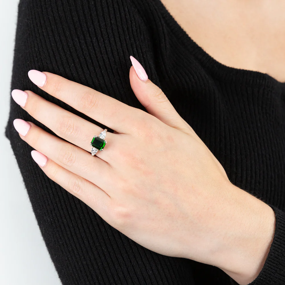 Sterling Silver Rhodium Plated Green And White Cubic Zirconia Emerald Cut Ring - Image 3