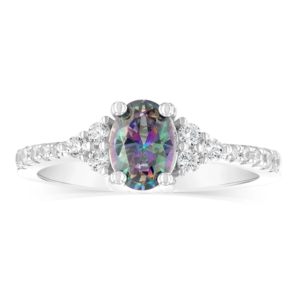 Sterling Silver Rhodium Plated Mystic Topaz Cubic Zirconia Ring