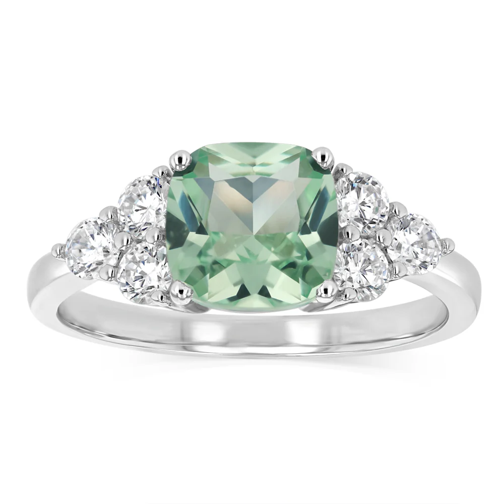 Sterling Silver Rhodium Plated Nano Green And White Cubic Zirconia Fancy Ring