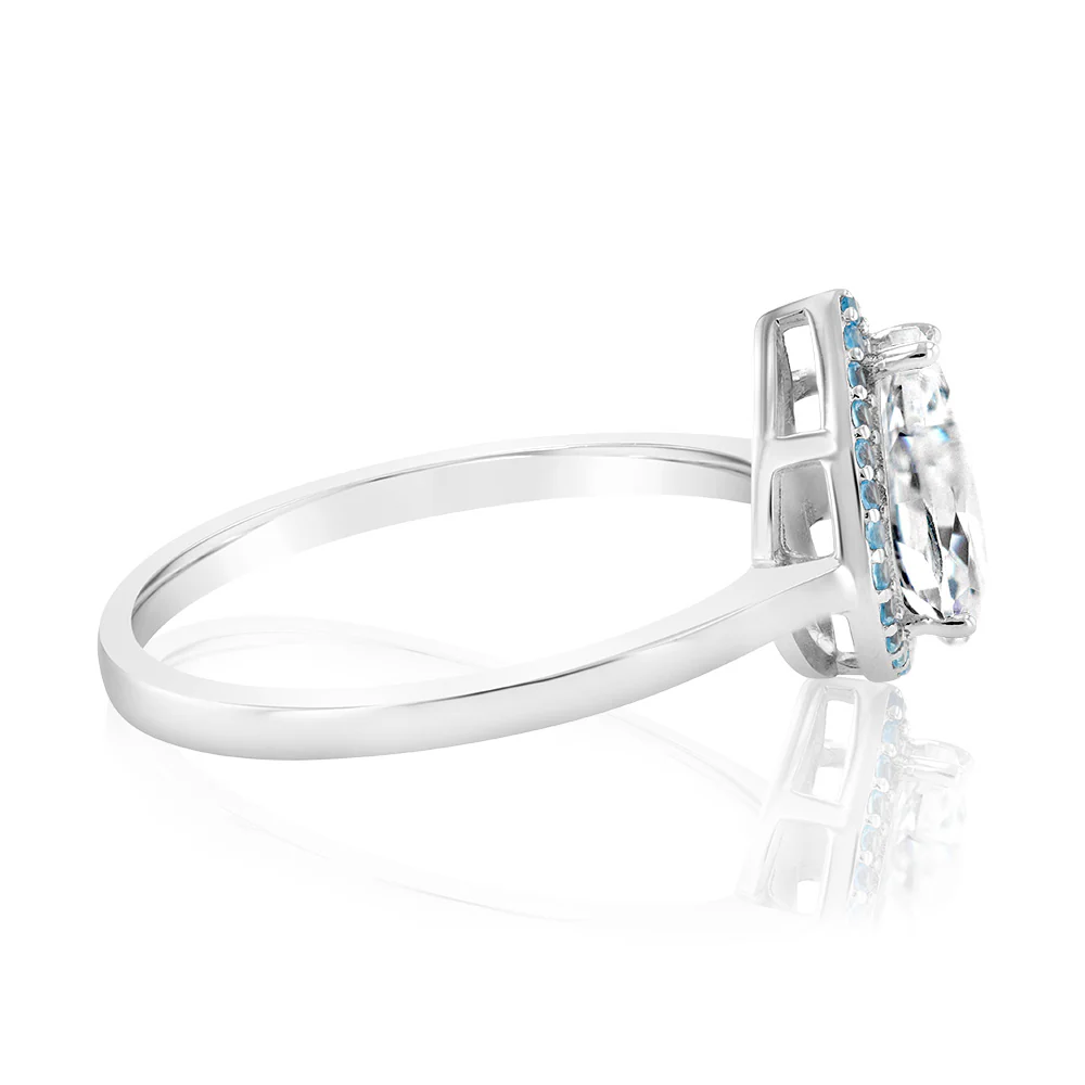 Sterling Silver Rhodium Plated Pear Shaped Blue And White Zirconia Ring - Image 2