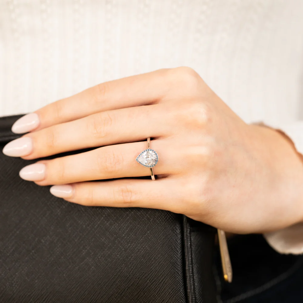 Sterling Silver Rhodium Plated Pear Shaped Blue And White Zirconia Ring - Image 3