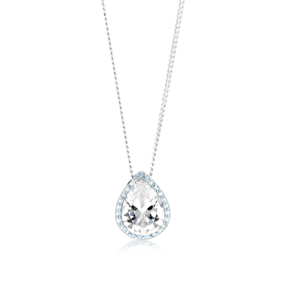 Sterling Silver Rhodium Plated Pear Shaped Light Blue And White Zirconia Pendant