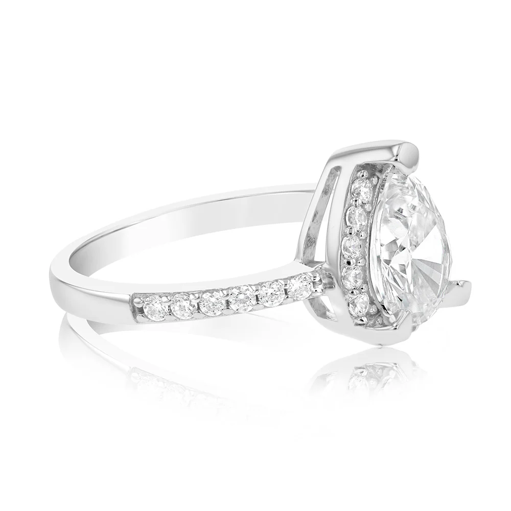 Sterling Silver Rhodium Plated Pear Shaped White Zirconia Ring - Image 2