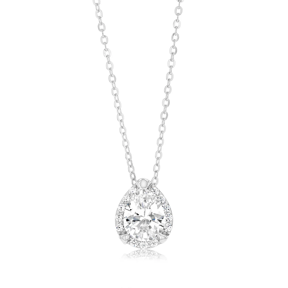 Sterling Silver Rhodium Plated Pear Shaped Zirconia Pendant On 40+5cm Chain