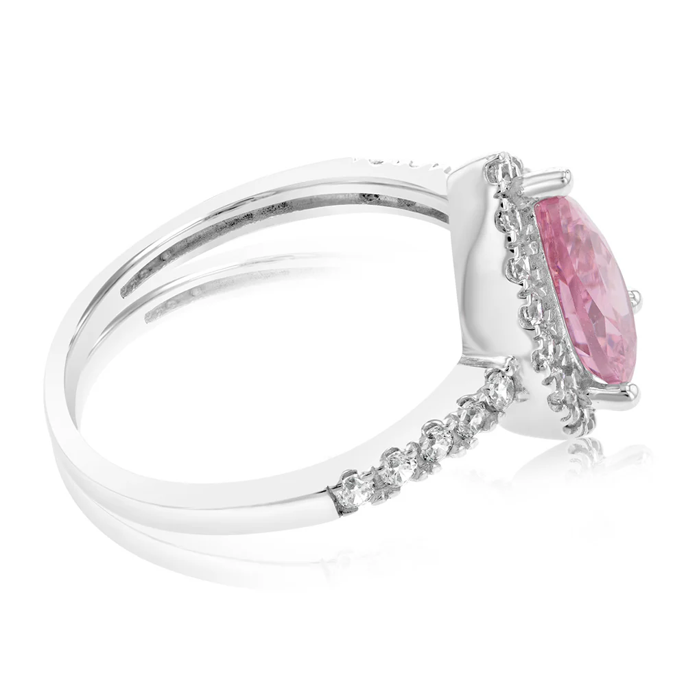 Sterling Silver Rhodium Plated Pink Cubic Zirconia Pear Ring - Image 2