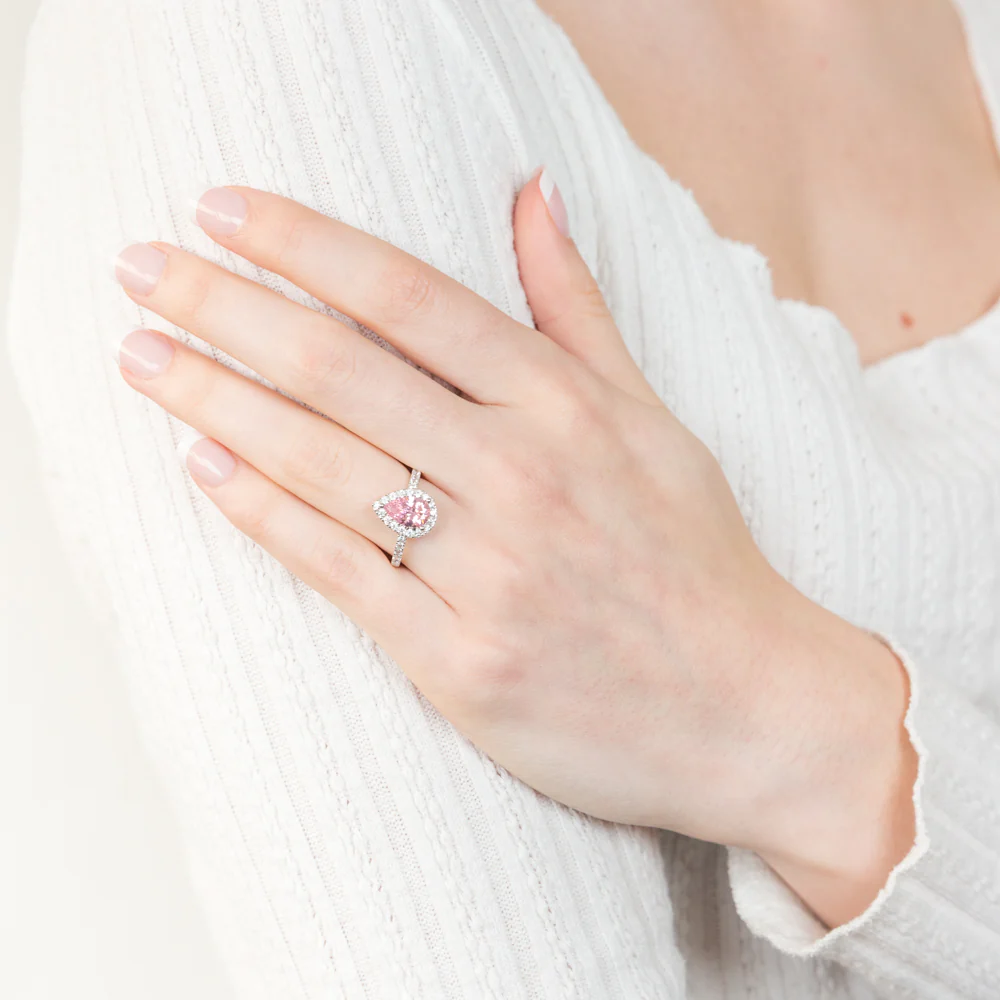 Sterling Silver Rhodium Plated Pink Cubic Zirconia Pear Ring - Image 3