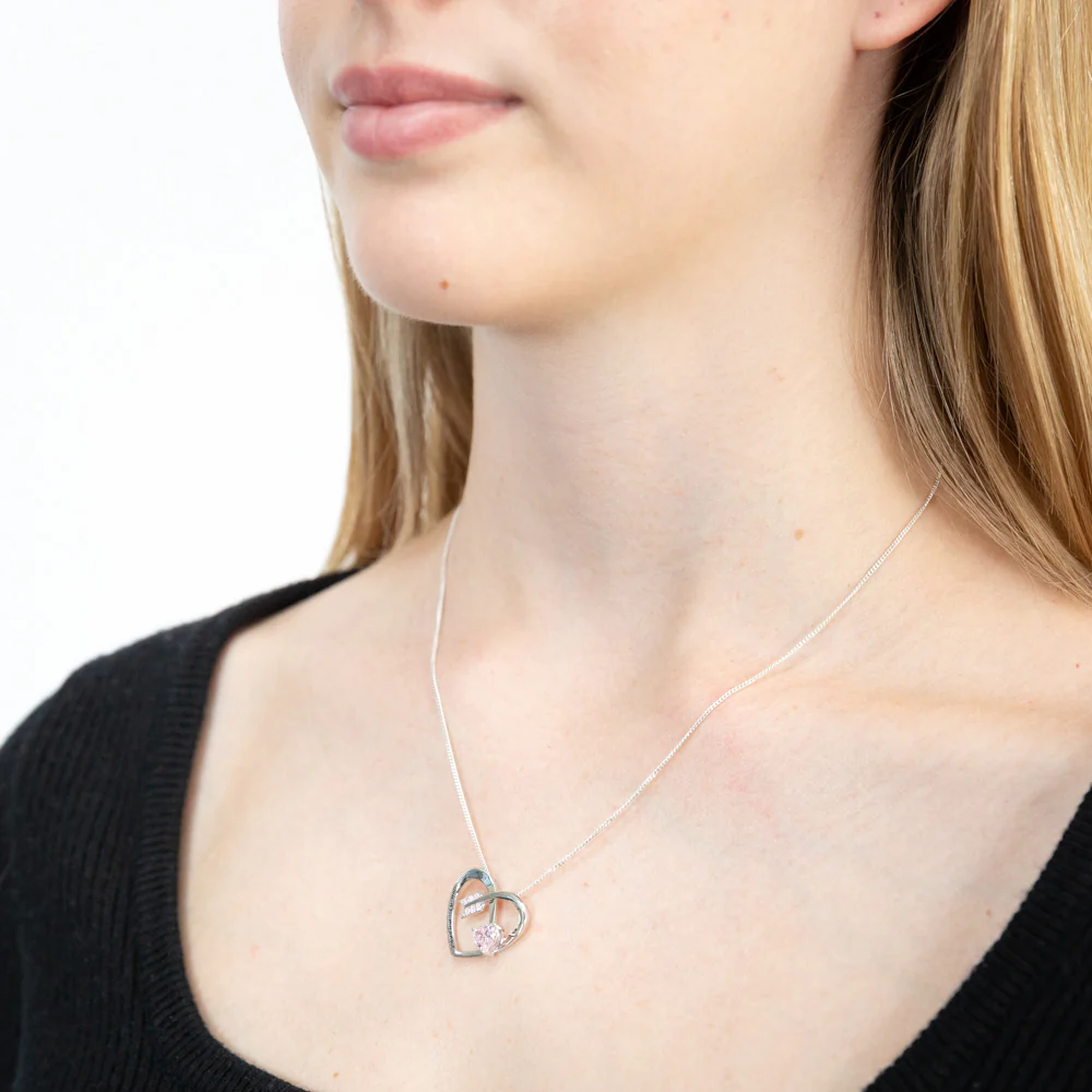 Sterling Silver Rhodium Plated Pink CZ Arrow Heart With Inscription Pendant - Image 2
