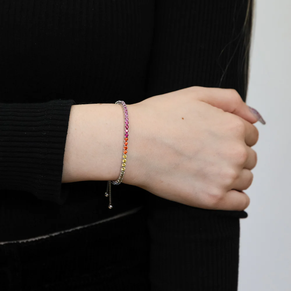 Sterling Silver Rhodium Plated Rainbow Multicolour Cubic Zirconia Adjustable Bracelet - Image 2