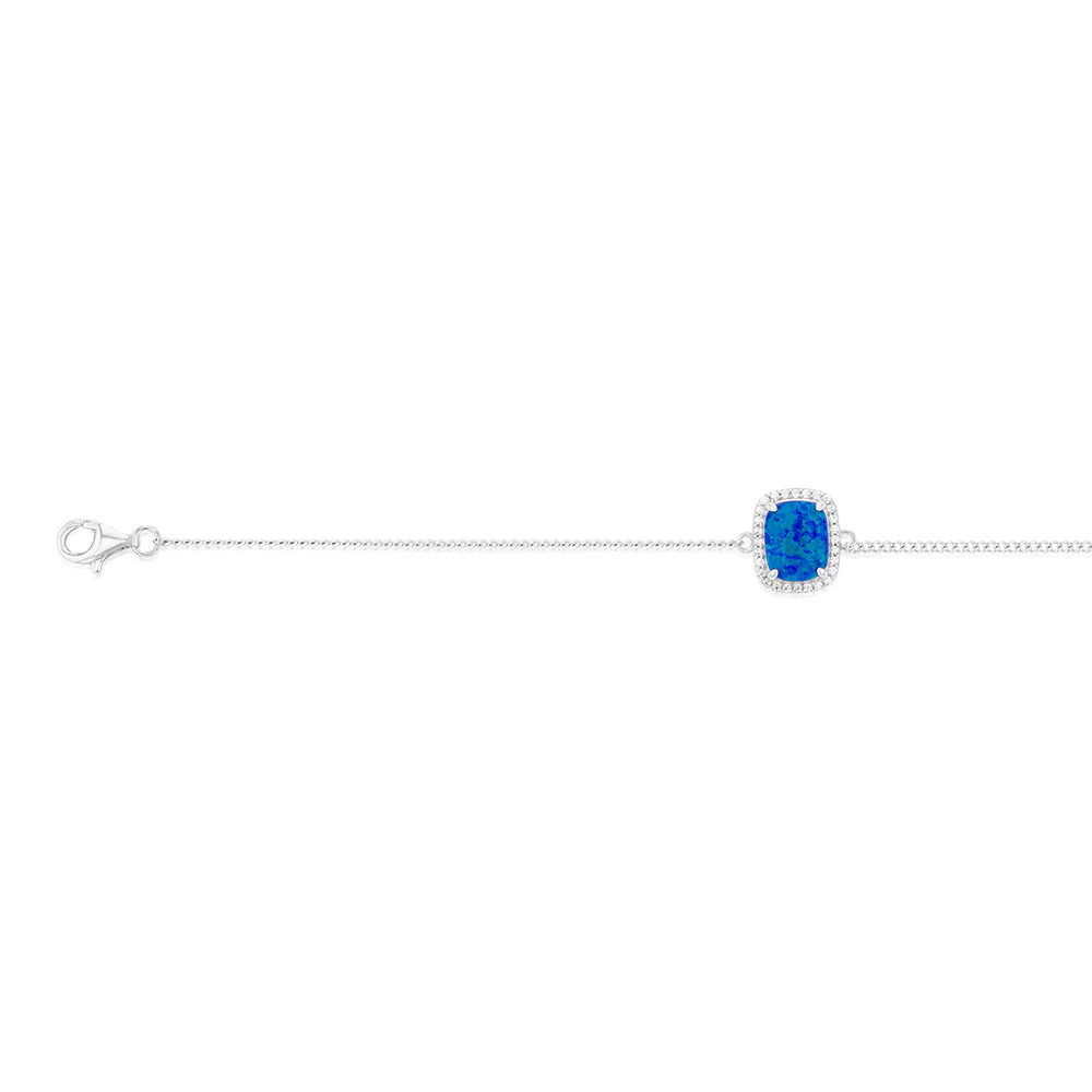 Sterling Silver Rhodium Plated Rectangle Created Blue Opal And White Zirconia 15.5+3cm Bracelet - Image 2