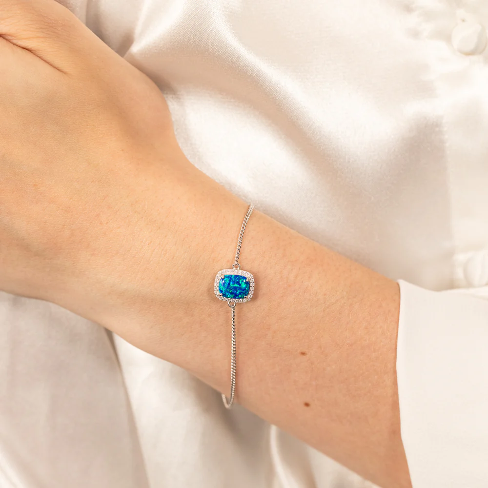 Sterling Silver Rhodium Plated Rectangle Created Blue Opal And White Zirconia 15.5+3cm Bracelet - Image 3