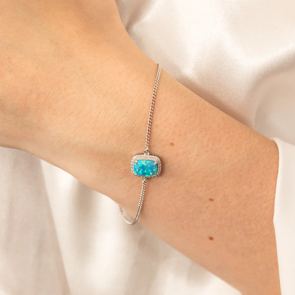 Sterling Silver Rhodium Plated Rectangle Created Turquoise Opal And White Zirconia 15.5+3cm Bracelet - Image 3