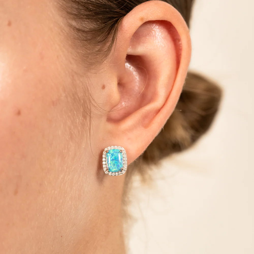 Sterling Silver Rhodium Plated Rectangle Created Turquoise Opal And White Zirconia Halo Stud Earrings - Image 2