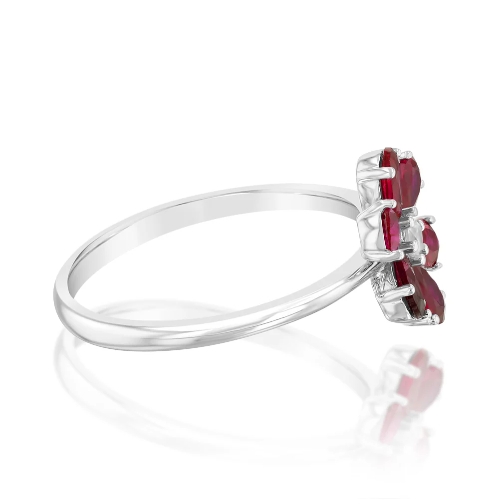 Sterling Silver Rhodium Plated Red Cubic Zirconia Flower Ring - Image 2