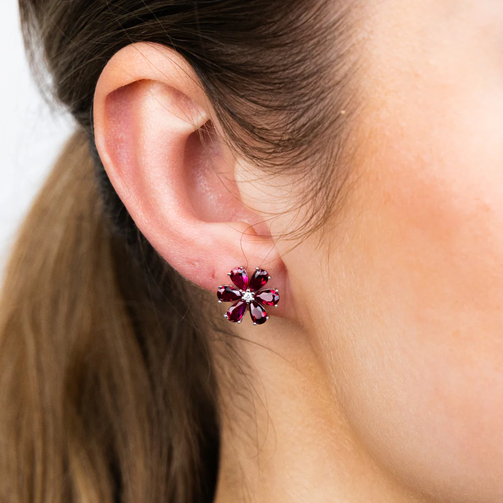 Sterling Silver Rhodium Plated Red Cubic Zirconia Flower Stud Earrings - Image 2