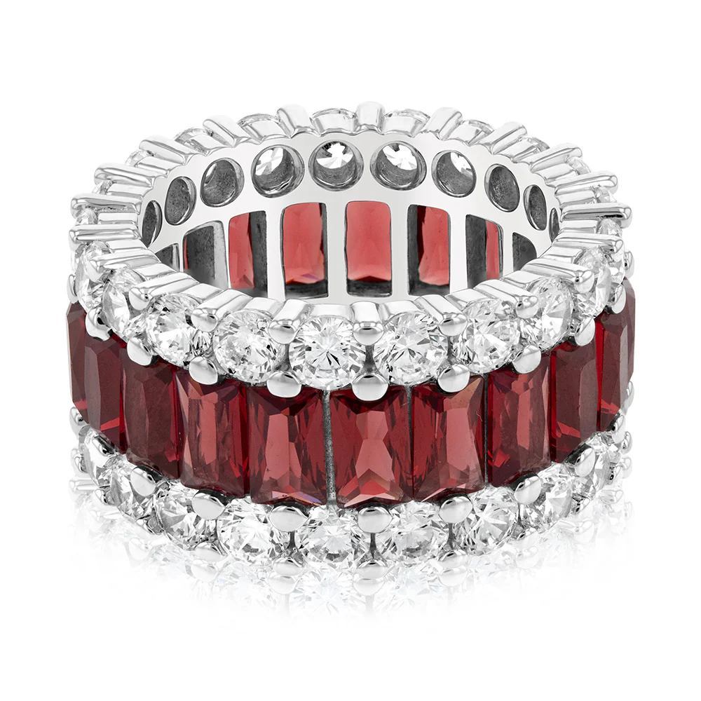 Sterling Silver Rhodium Plated Red Stone And White Cubic Zirconia Ring - Image 2