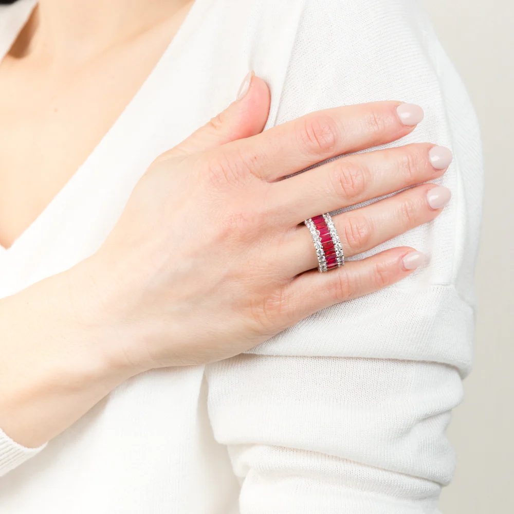 Sterling Silver Rhodium Plated Red Stone And White Cubic Zirconia Ring - Image 3