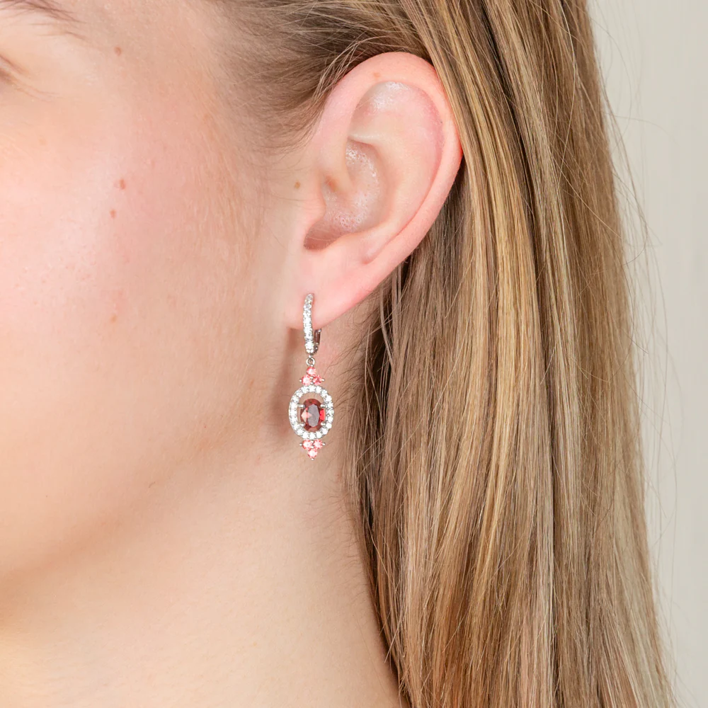 Sterling Silver Rhodium Plated Red Stone White Cubic Zirconia Drop Earrings - Image 2