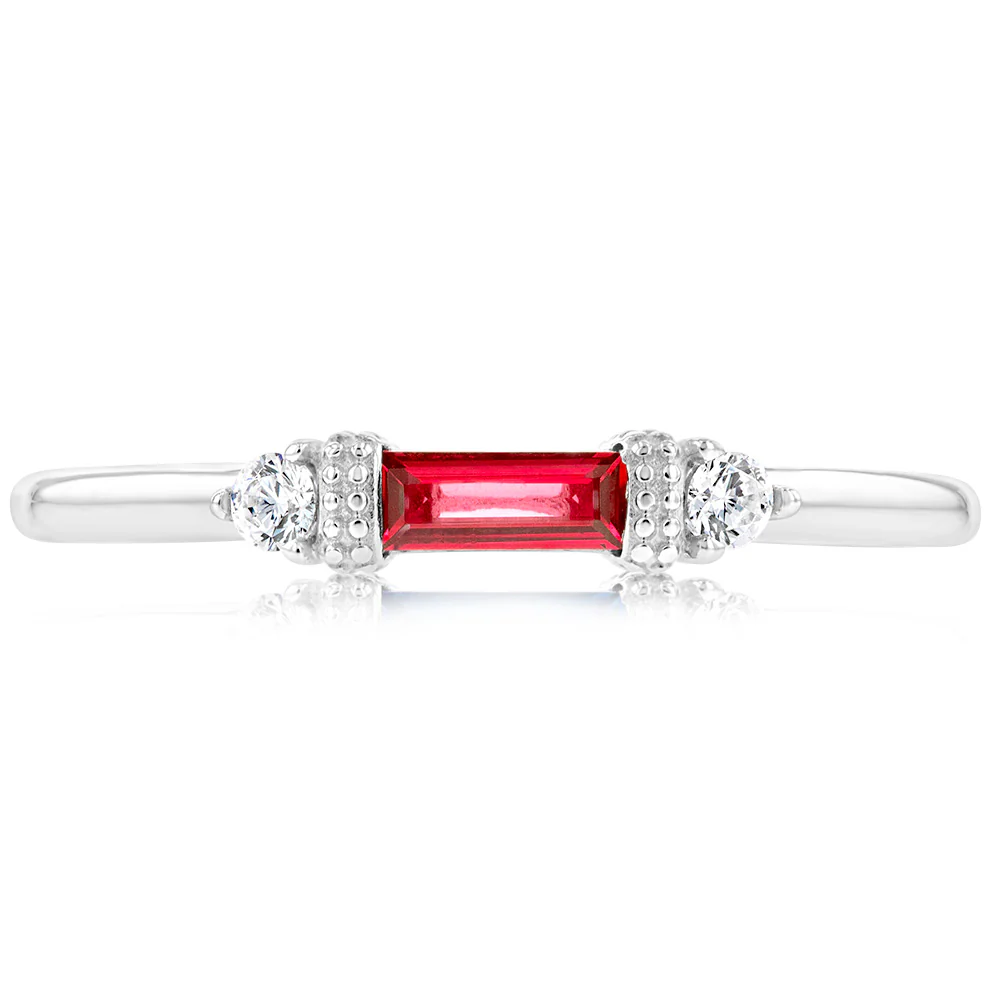 Sterling Silver Rhodium Plated Red Stone White Cubic Zirconia Ring - Image 2