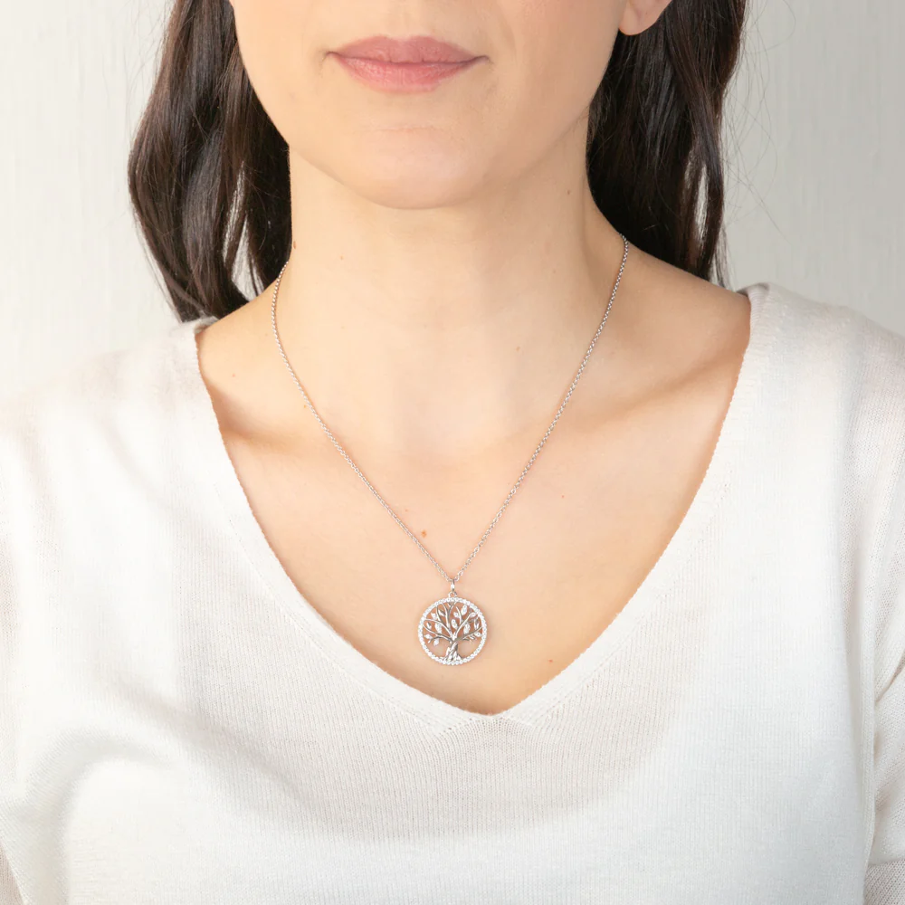 Sterling Silver Rhodium Plated Tree Of Life Cubic Zirconia Pendant With 45cm Chain - Image 2