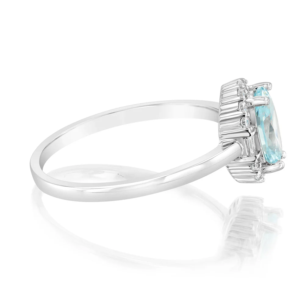 Sterling Silver Rhodium Plated White And Aquamarine Cubic Zirconia Oval Ring - Image 2