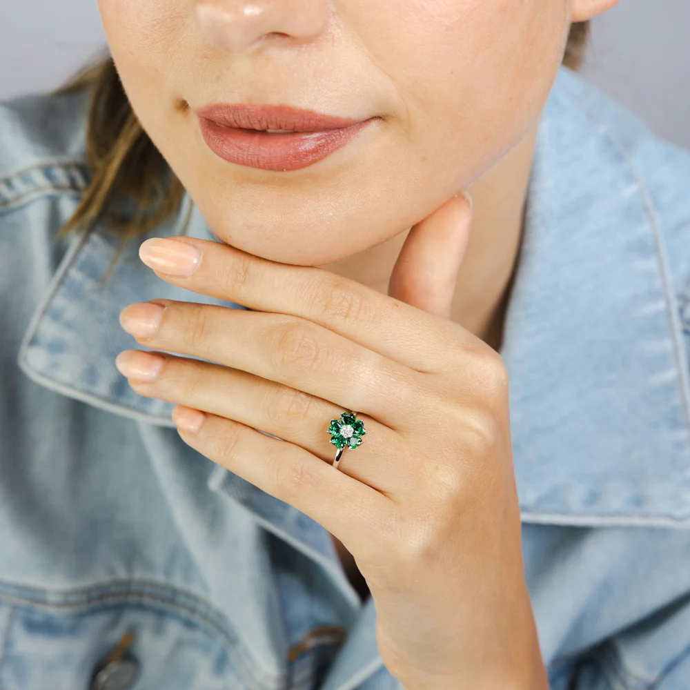 Sterling Silver Rhodium Plated White And Green Cubic Zirconia Flower Ring - Image 3