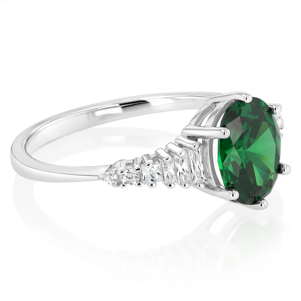 Sterling Silver Rhodium Plated White And Green Cubic Zirconia Ring - Image 2