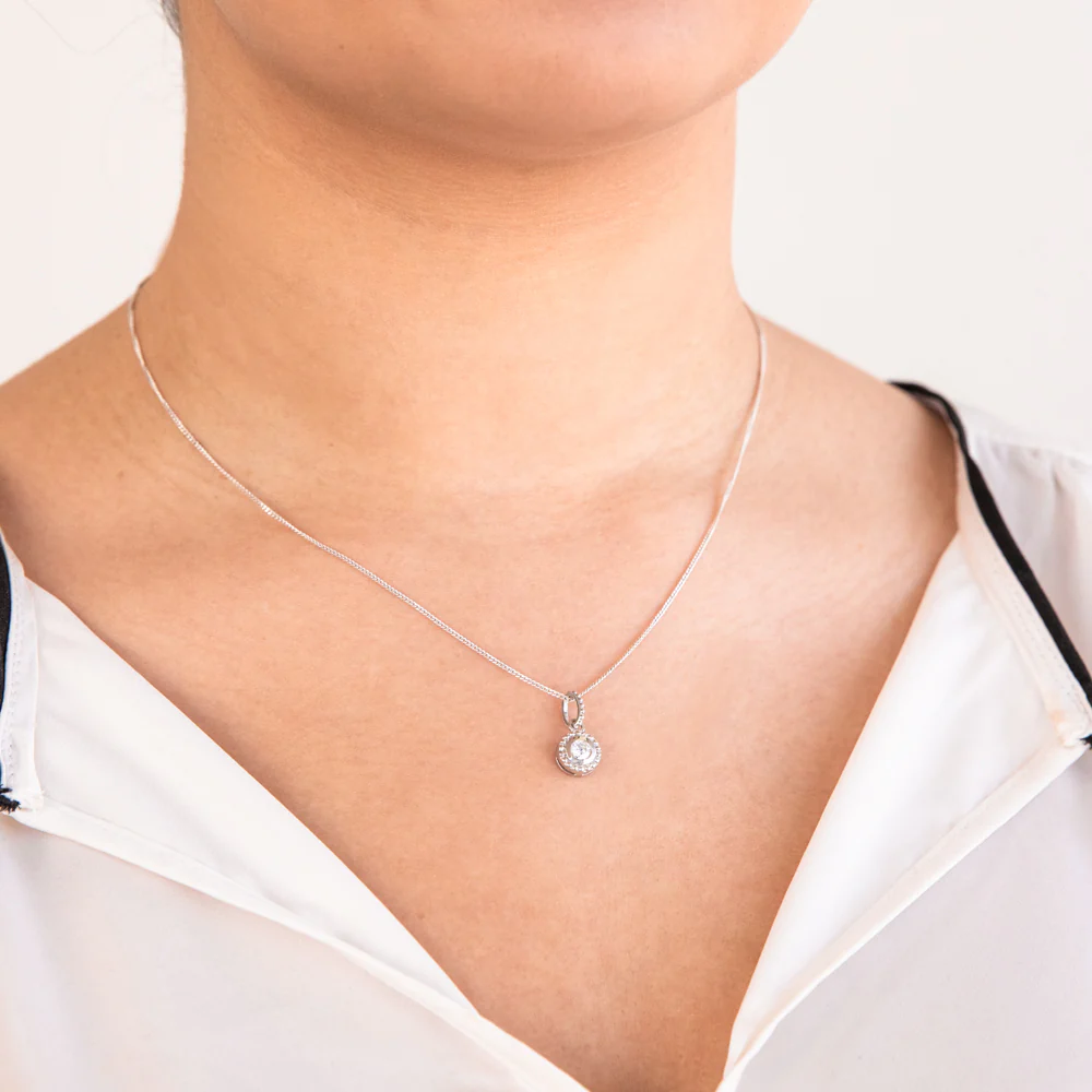 Sterling Silver Rhodium Plated White Cubic Zirconia Halo Pendant - Image 2