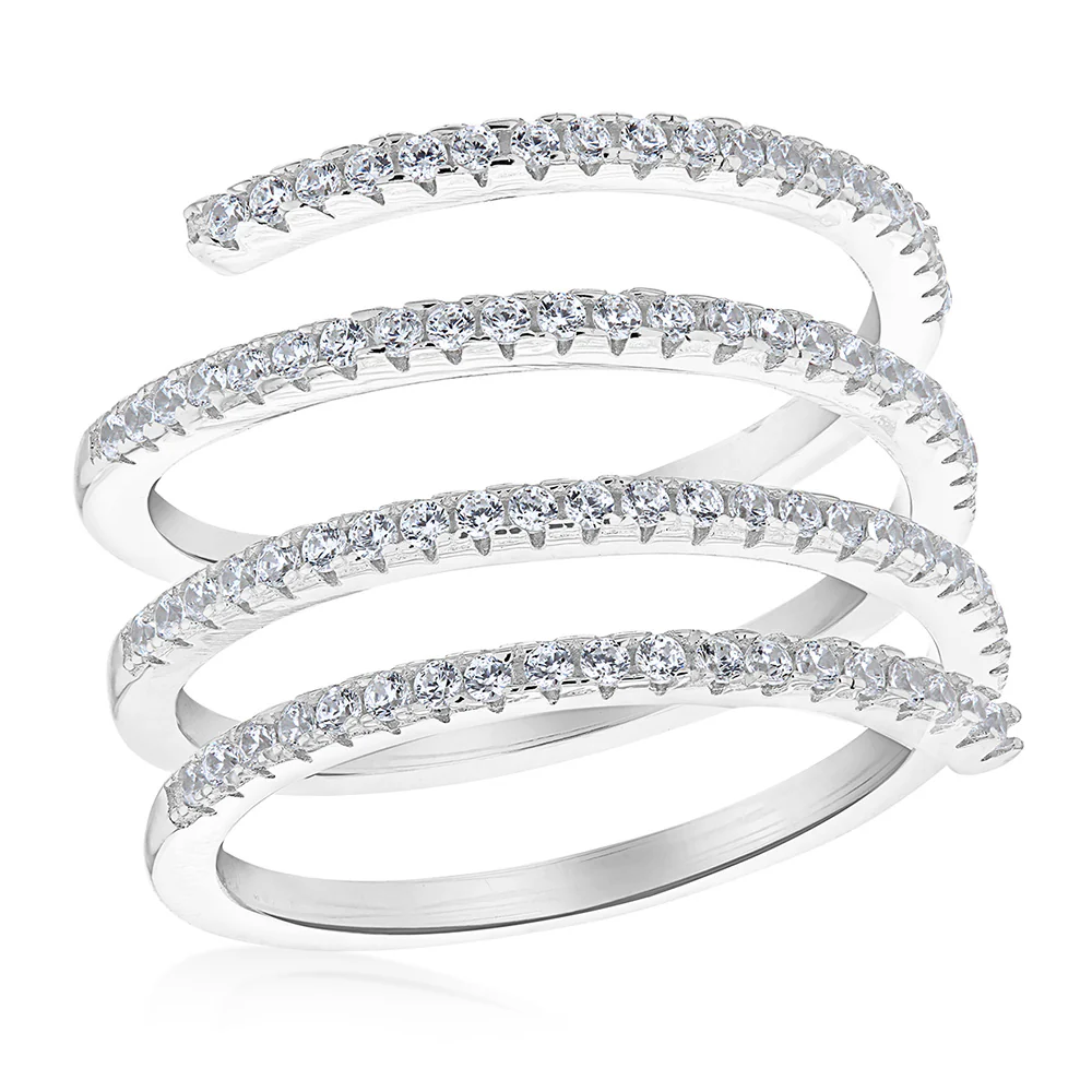 Sterling Silver Rhodium Plated White Cubic Zirconia Spiral Ring