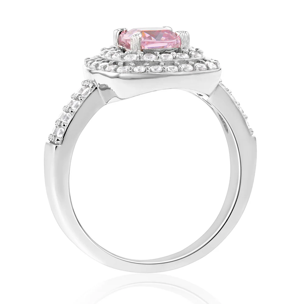 Sterling Silver Rhodium Plated White & Light Pink Cubic Zirconia Cushion Ring - Image 2