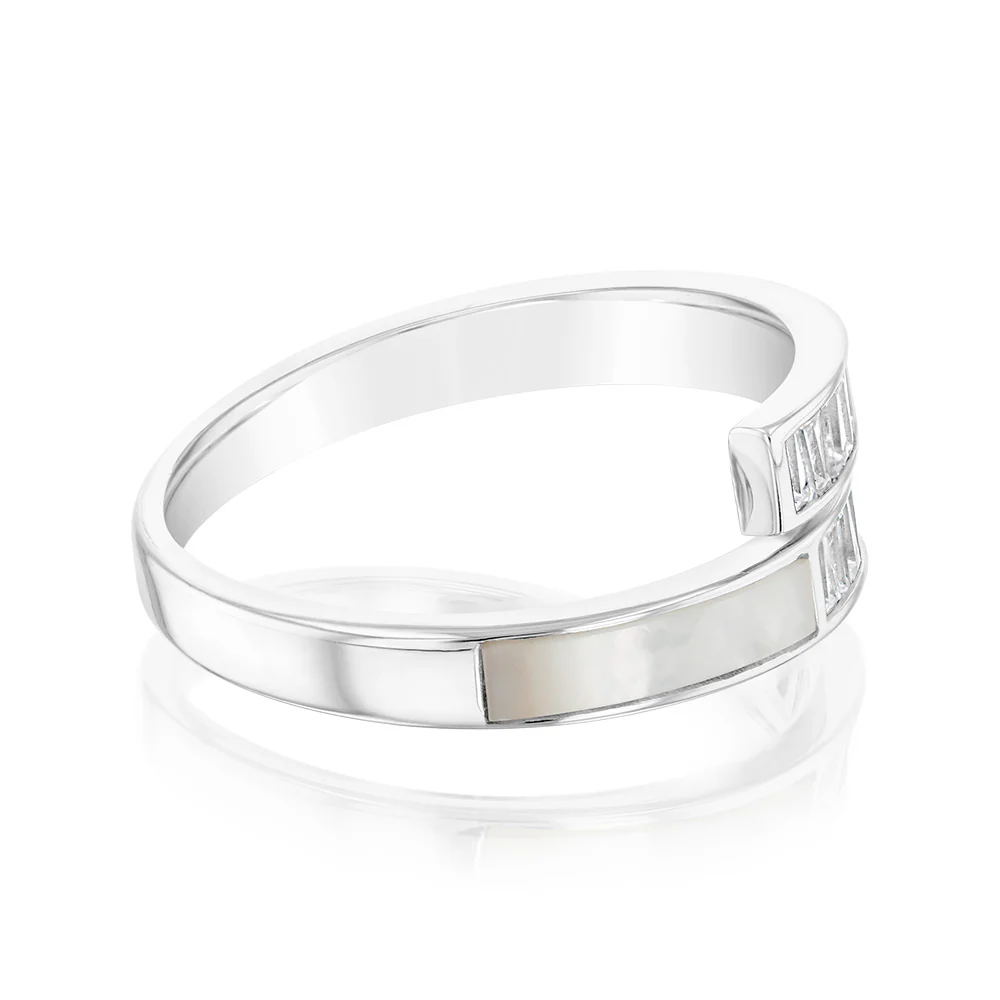 Sterling Silver Rhodium Plated White Shell Pearl And Cubic Zirconia Crossover Ring - Image 2