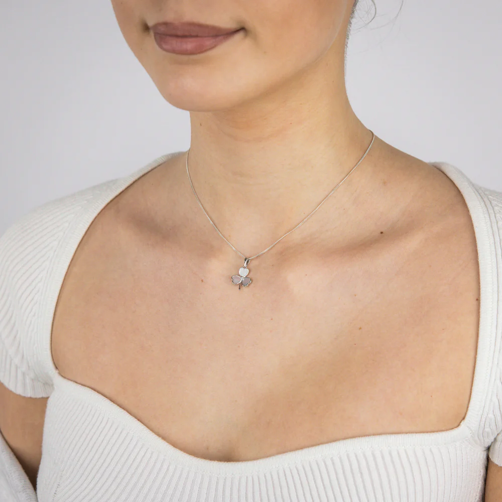 Sterling Silver Rhodium Plated White Shell Pearl Three Leaf Clover Pendant - Image 2