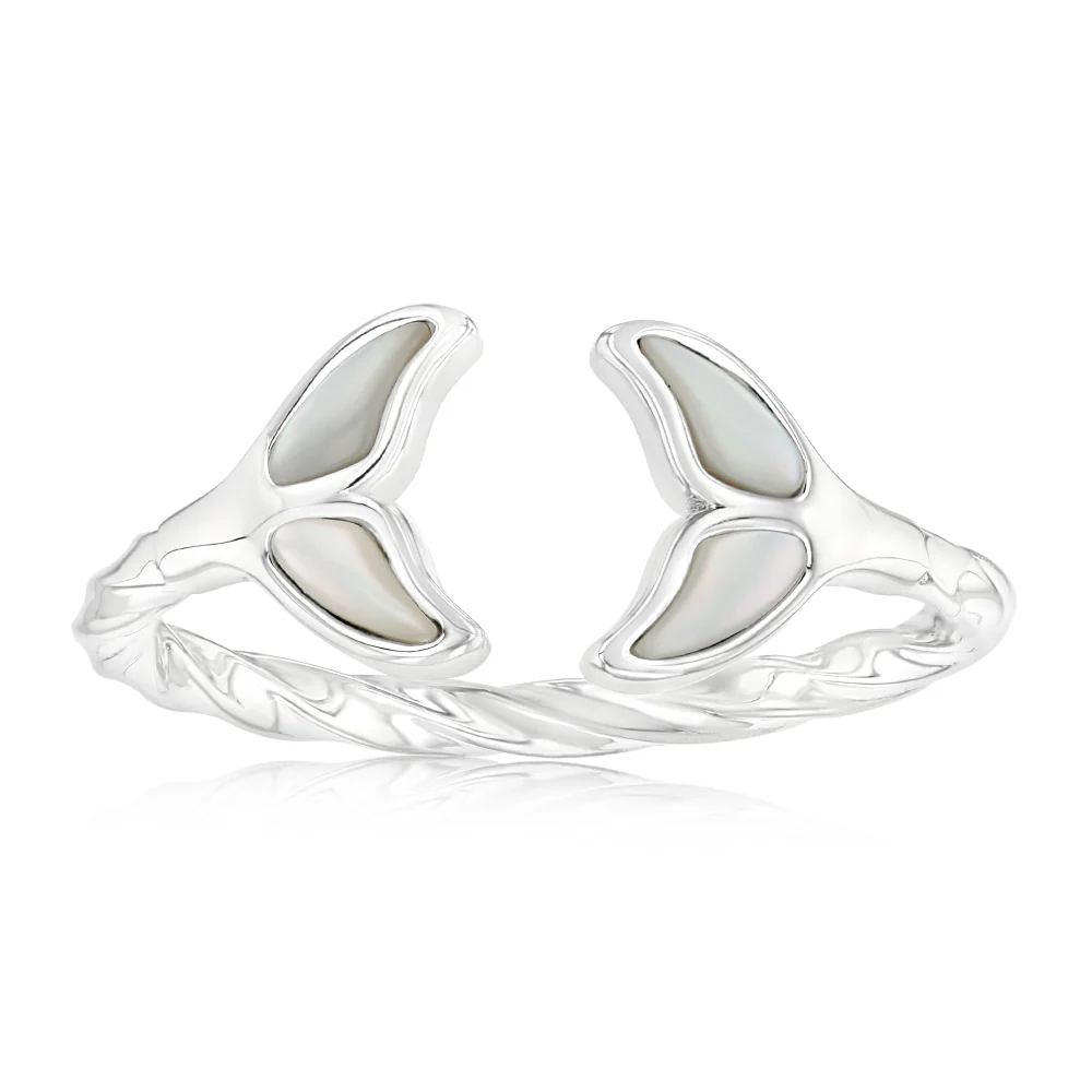 Sterling Silver Rhodium Plated White Shell Pearl Twisted Dolphin Tail Ring