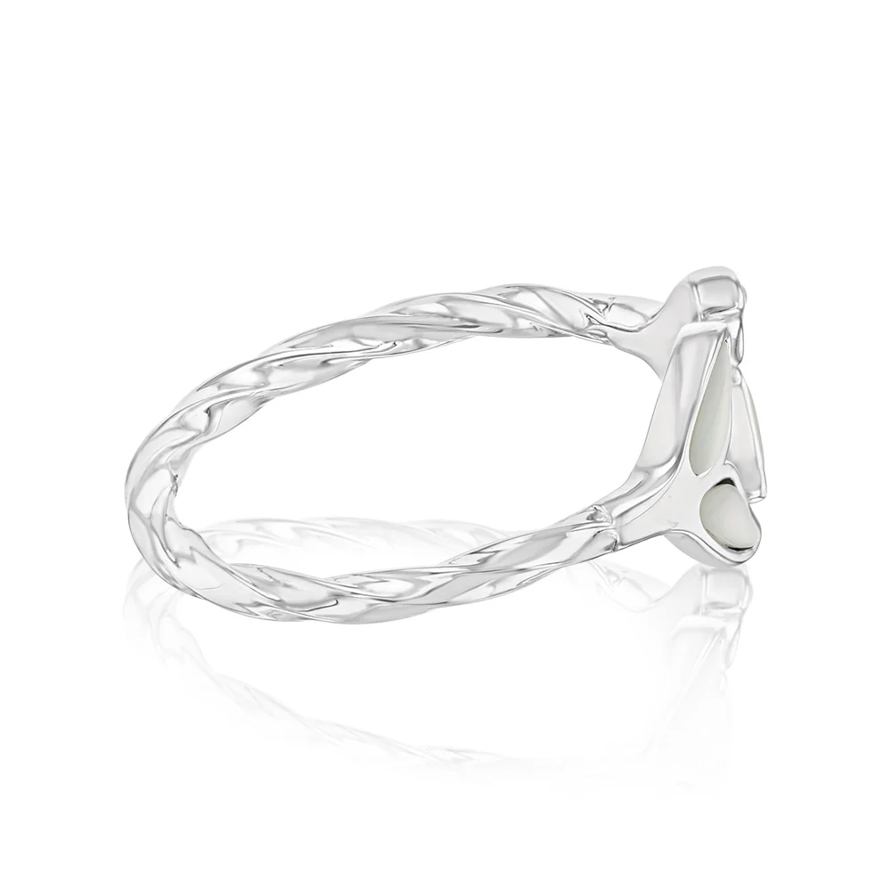 Sterling Silver Rhodium Plated White Shell Pearl Twisted Dolphin Tail Ring - Image 2