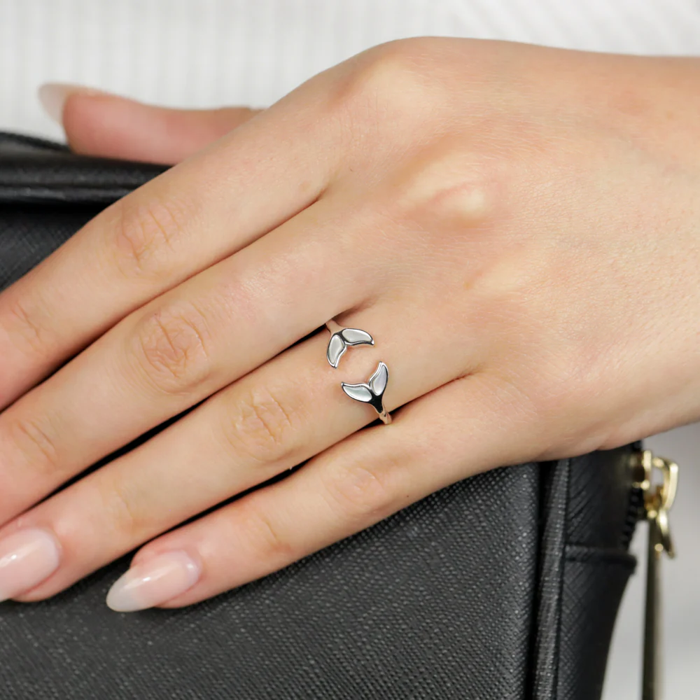 Sterling Silver Rhodium Plated White Shell Pearl Twisted Dolphin Tail Ring - Image 3