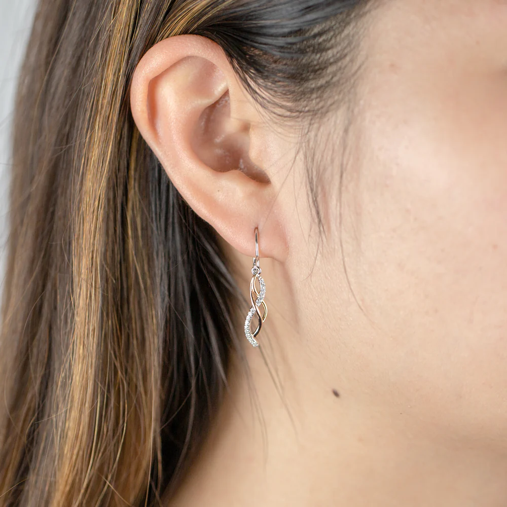 Sterling Silver Rose and Gold Plated Zirconia Weave Drop Earrings - Image 2