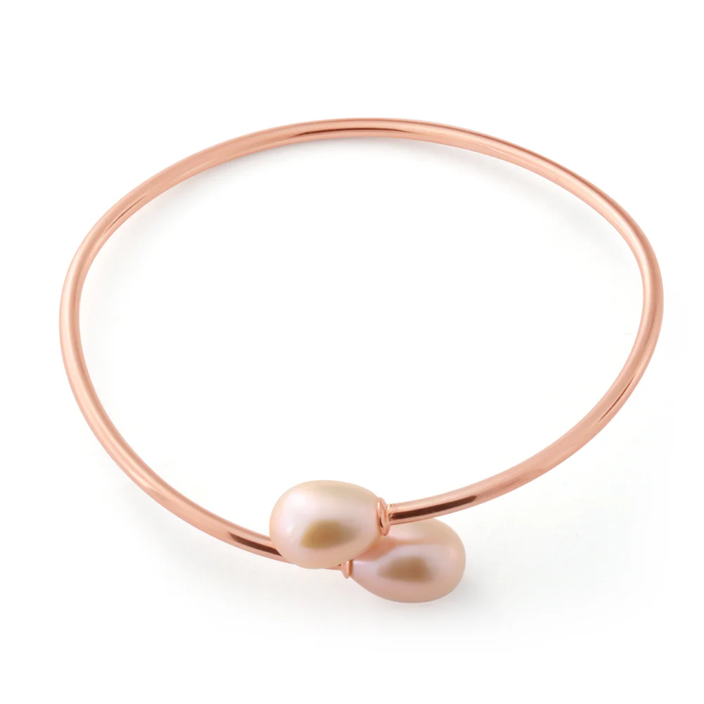 Sterling Silver Rose Gold Plated 8-10mm Freshwater Pearl Bangle - Image 2