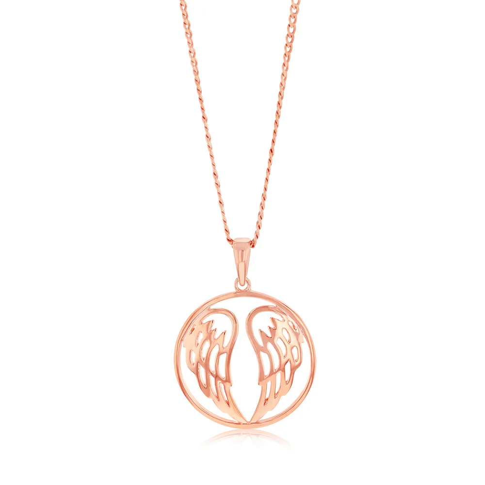 Sterling Silver Rose Gold Plated Angel Wings Round Pendant