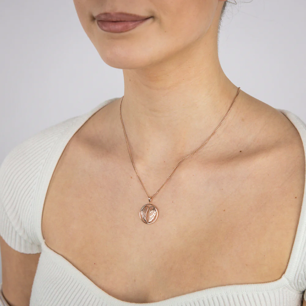 Sterling Silver Rose Gold Plated Angel Wings Round Pendant - Image 2