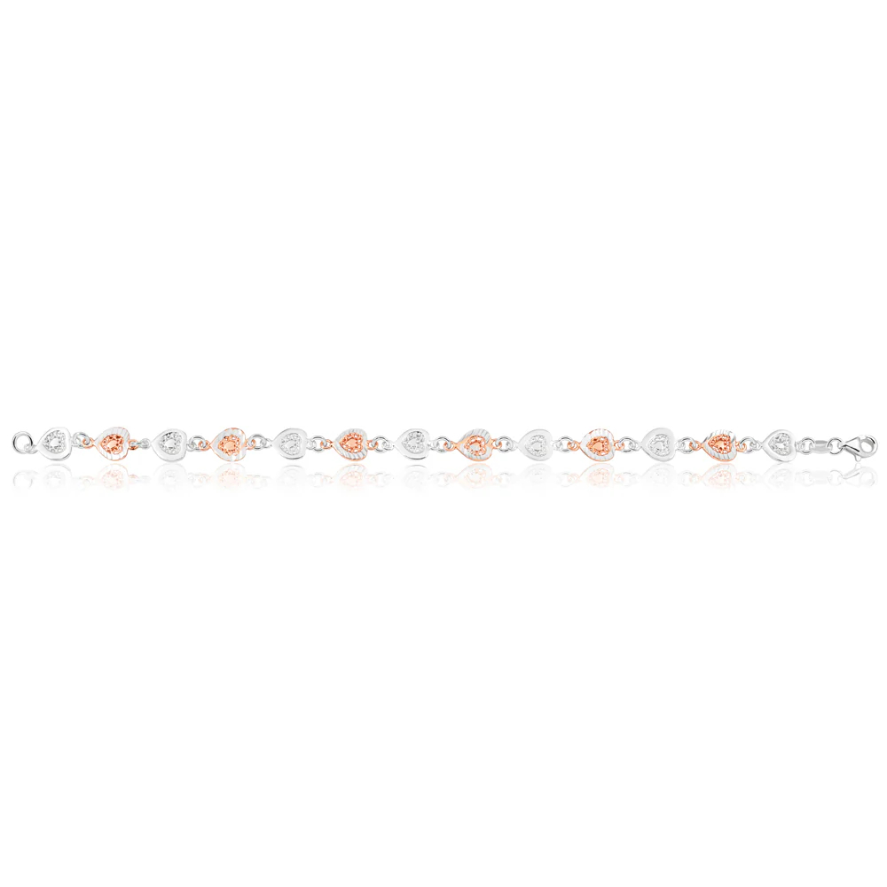Sterling Silver Rose Gold Plated Fancy Heart Bracelet 19cm