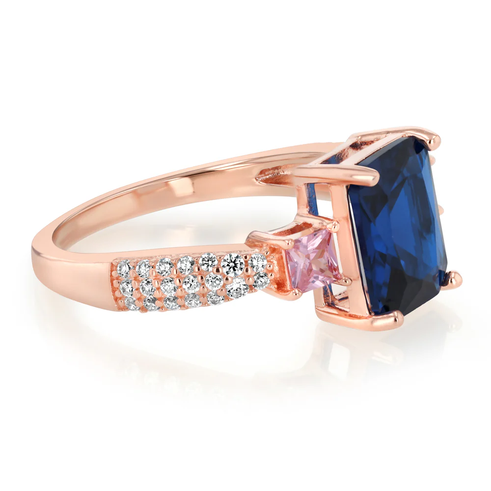 Sterling Silver Rose Gold Plated White Pink and Sapphire Blue Cubic Zirconia Fancy Ring - Image 2