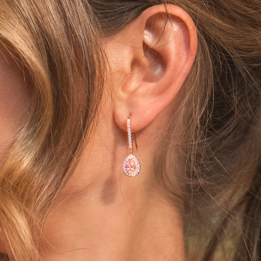 Sterling Silver Rose Plated Zirconia Pear Earrings - Image 2